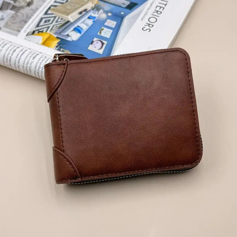 Men Wallets Leather Zipper Purse Man Slim Card Horders Male Short Qme Dark brown