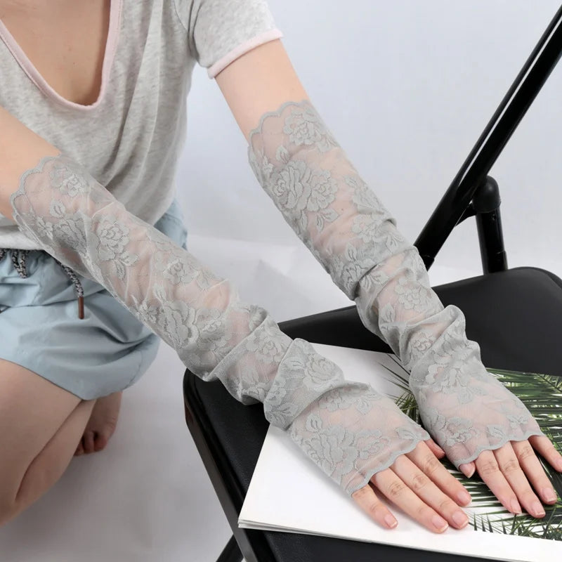 Summer Lace Hollow-out Fingerless Gloves Elastic Driving Cycling Qme GRAY