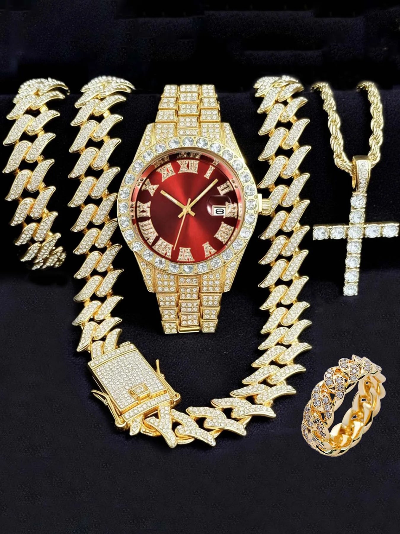 Diamond studded Roman style fashion watch with calendar for women, women's watch set for women Qme Rose