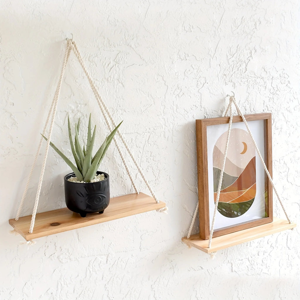 Boho Style 2 Piece Floating Shelves - Wooden Wall Hanging Storage Shelf Set for Potted Plants & Decor, Versatile Log Material, Qme Natural