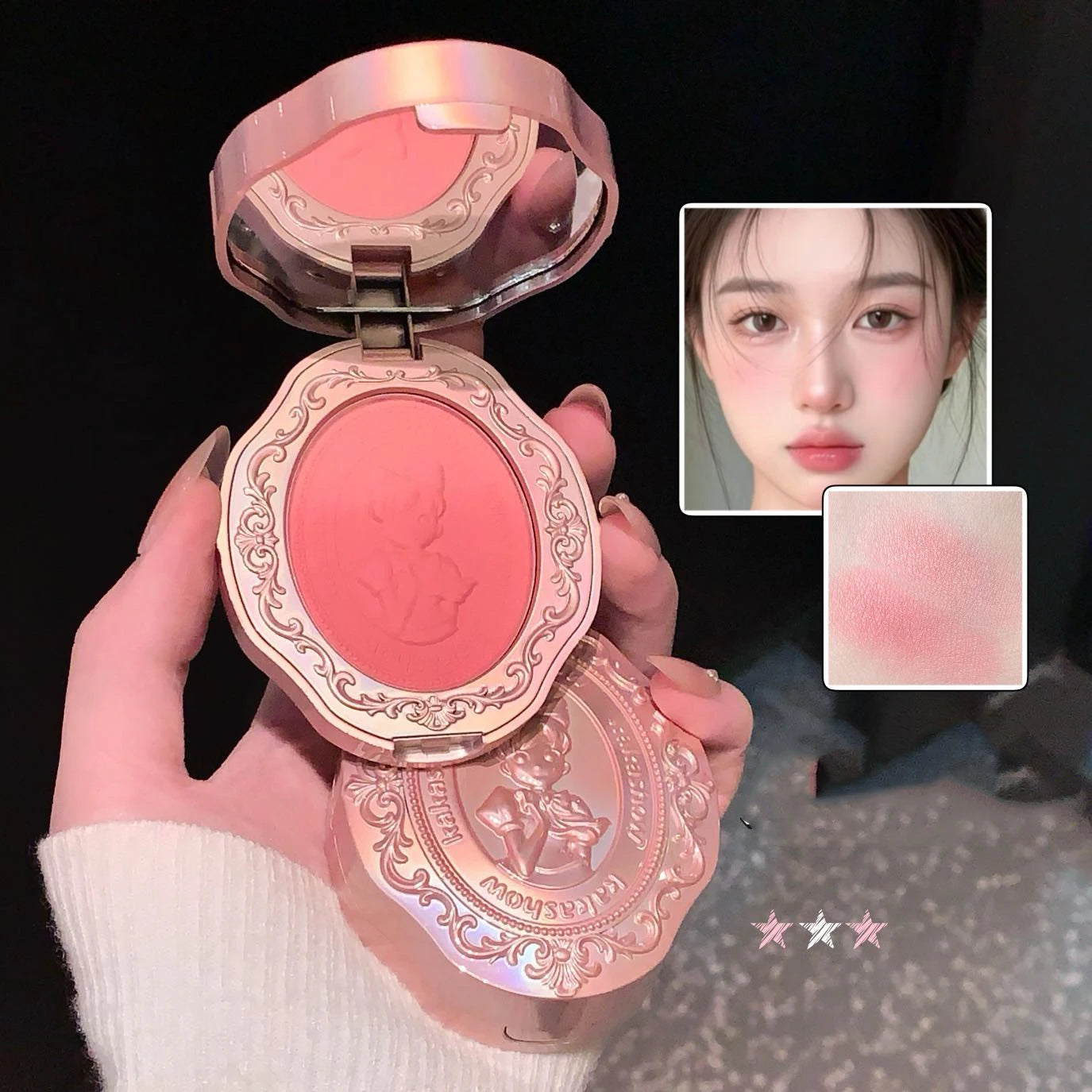 3 Colors Matte Embossed Blush High Pigmented Makeup Brightening Cheek Purple Blush Palette Pink Peach Natural Color Rendering Qme