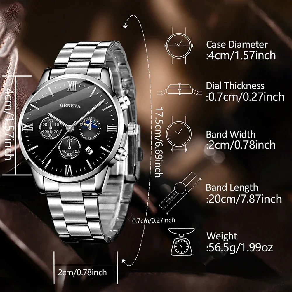 4PCS Men's Watch Set Fashion Trend Business Quartz Watch Cross Pendant Necklace Ring Bracelet Jewelry Set Perfect Gift for Him Qme