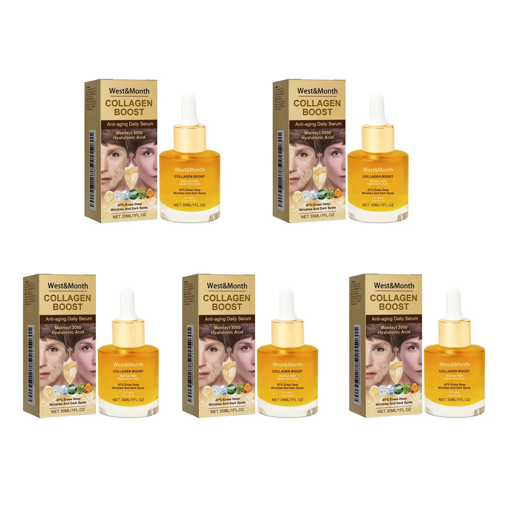 Collagen Face Serum Hydrating Tightening Smoothing Nourishing Brightening Face Skin Fade Fine Lines Anti-Aging Face Essence Qme 5 x 30ml Boxed