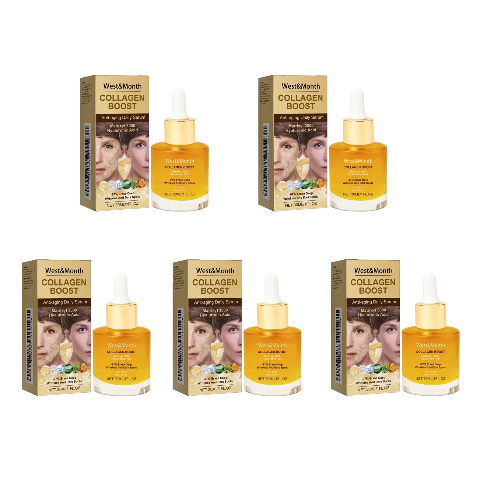 Collagen Face Serum Hydrating Tightening Smoothing Nourishing Brightening Face Skin Fade Fine Lines Anti-Aging Face Essence Qme 5 x 30ml Boxed