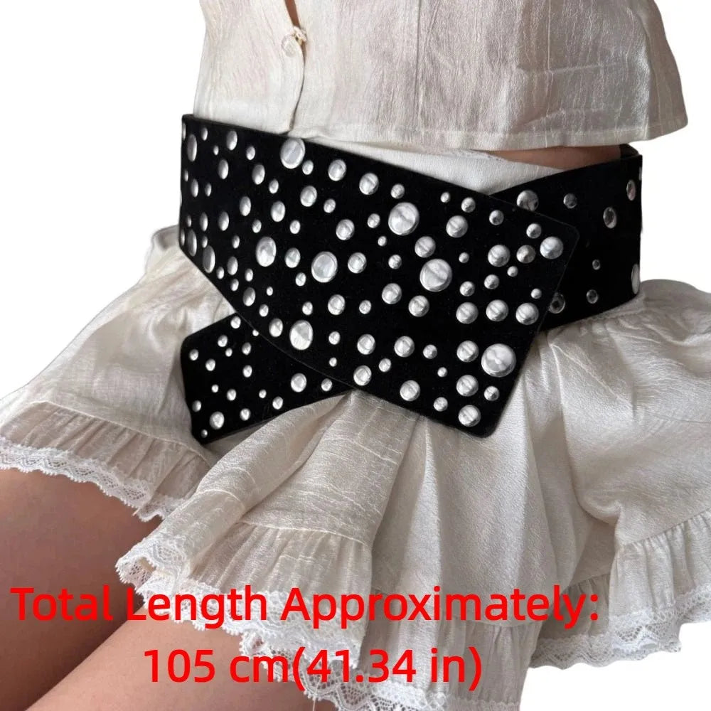 PU Leather Rivets Extra Wide Belt Y2K Exaggerated Studded Wide Waistband Punk Versatile Irregular Decorative Belt Concert Qme