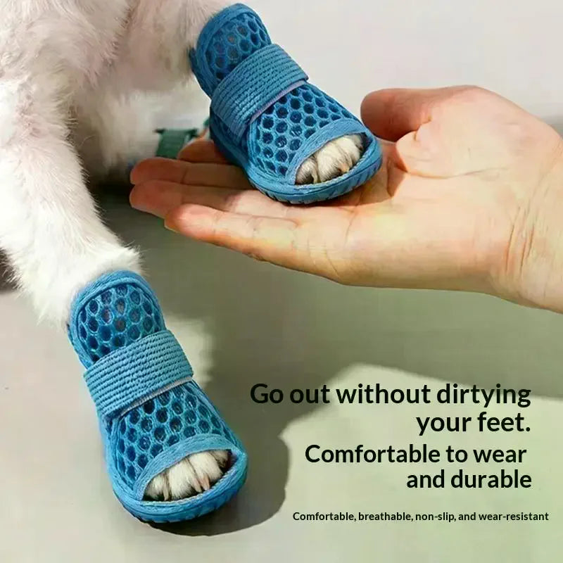 4Pcs/Set 4Pcs Cute Mesh Dog Shoes Summer Outdoor Anti-slip Cooling Dog Boots With Reflective Strap Breathable Puppy Shoes Pet Qme
