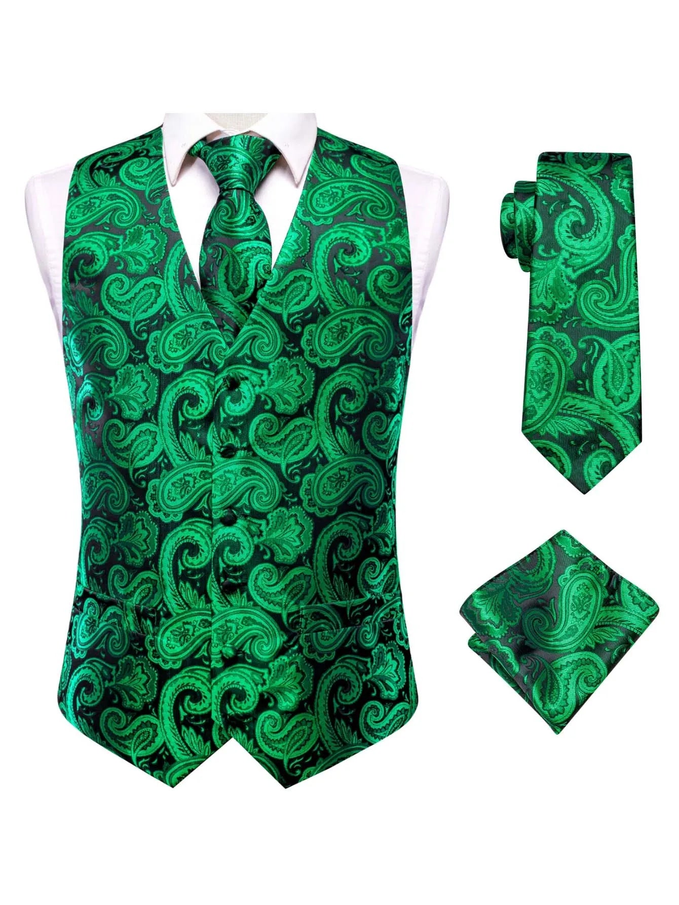 Green Men Vest Three-piece Suit Dress Waistcoat Tie Pocket Square Qme MJ-3049 M