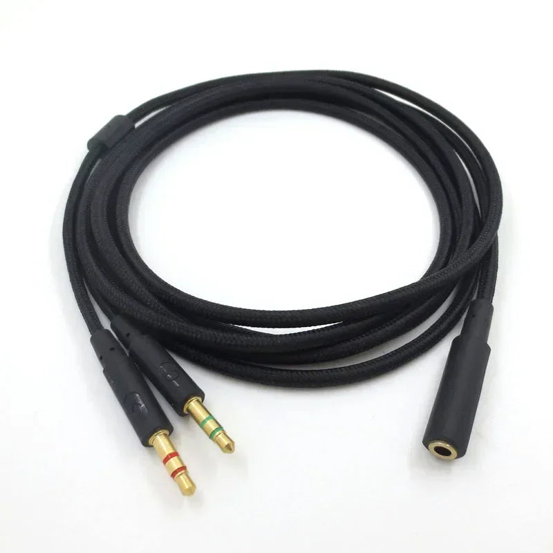 3.5mm Universal 2 In 1 Gaming Headset Audio- Extend Cable for HyperX Cloud II/Alpha-/Cloud Flight/Core Headphone Qme black 2m
