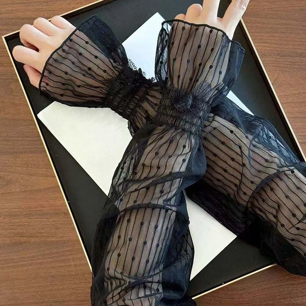 1 pair French Retro Bowknot Lace Sun Protection Sleeves Elastic Ruffle Trim Breathable Lightweight Fabric Mesh Arm Covers Qme Black
