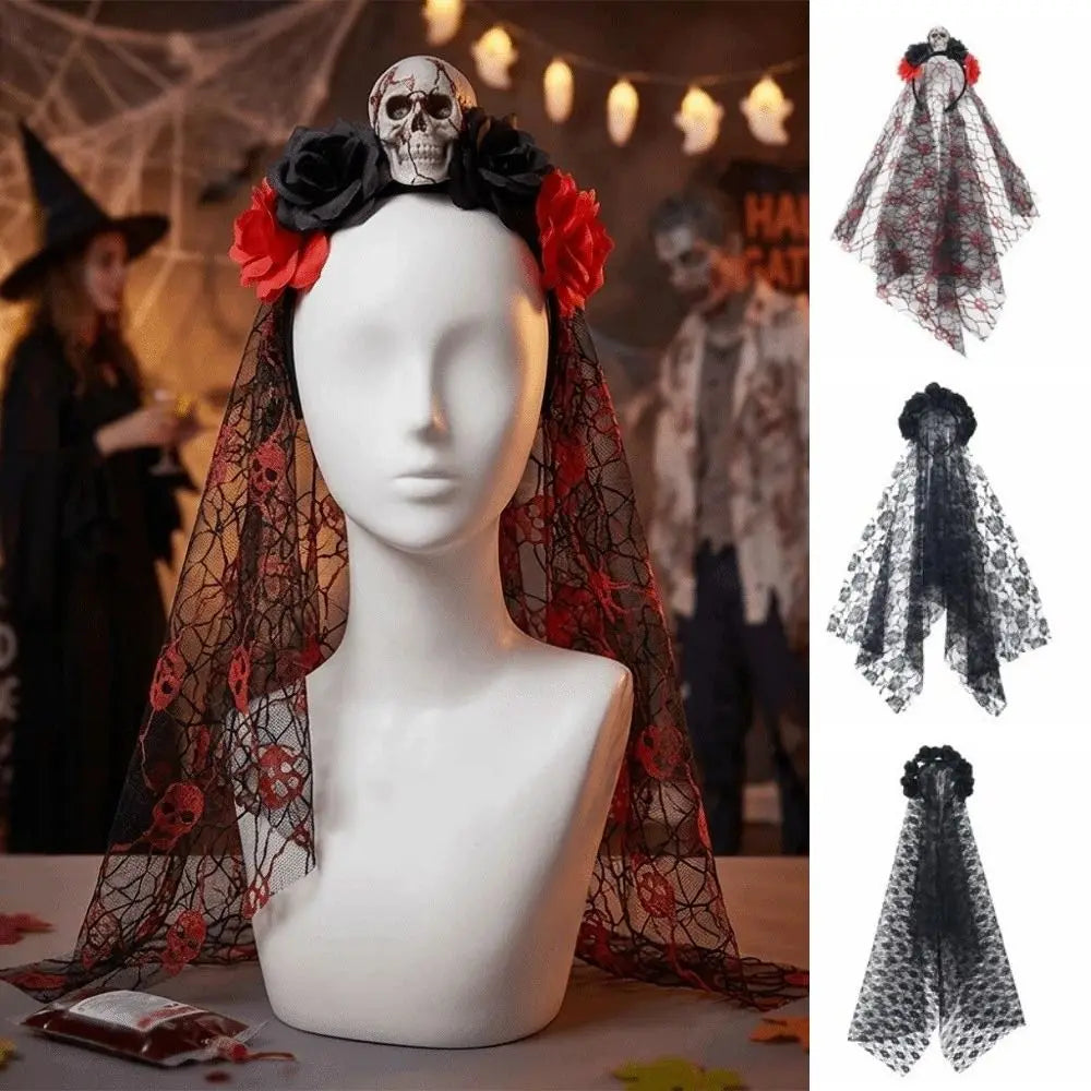 Gothic Ghost Bride Headband Simulation Rose Skull Pattern Halloween Rose Headband Lace Mesh Skull Mesh Veil Hairband Qme