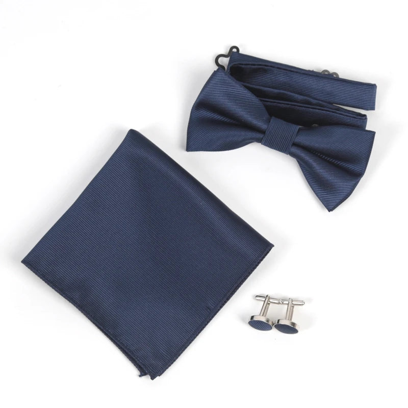 Men's Solid Bow Tie Sets Including Exquisite Cufflinks Soft Qme Navy Blue