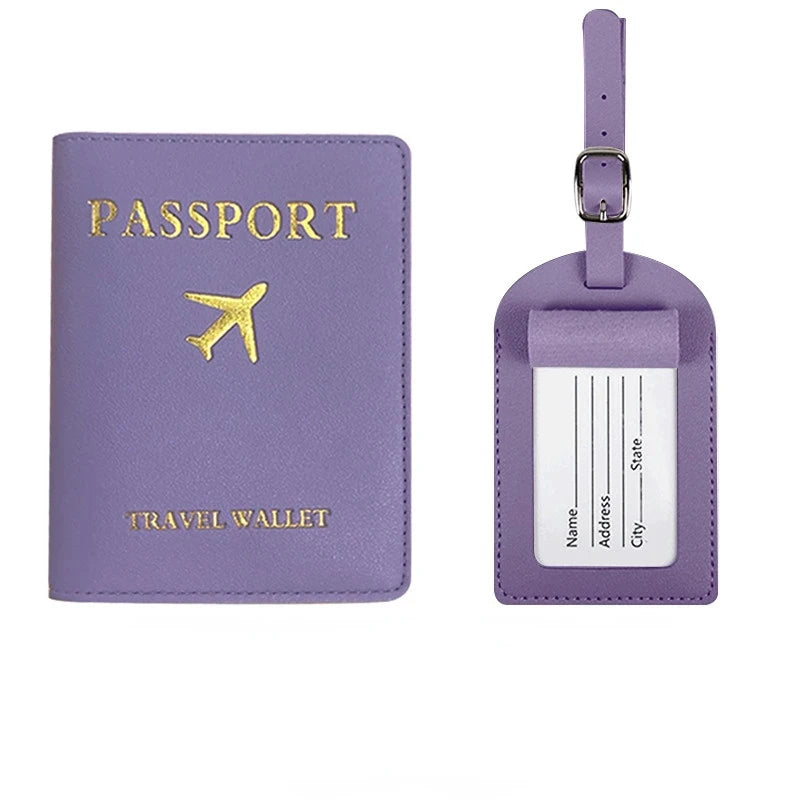 PU Leather Luggage Tag Passport Holder Set Passport Protective Cover Travel Portable ID Credit Card Holder Travel Accessories Qme Purple