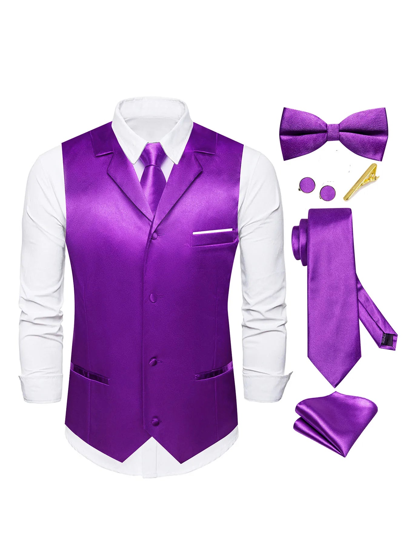 Men's Satin Vest Tie Hanky Cufflinks Bowtie Clip Formal Waistcoat Qme