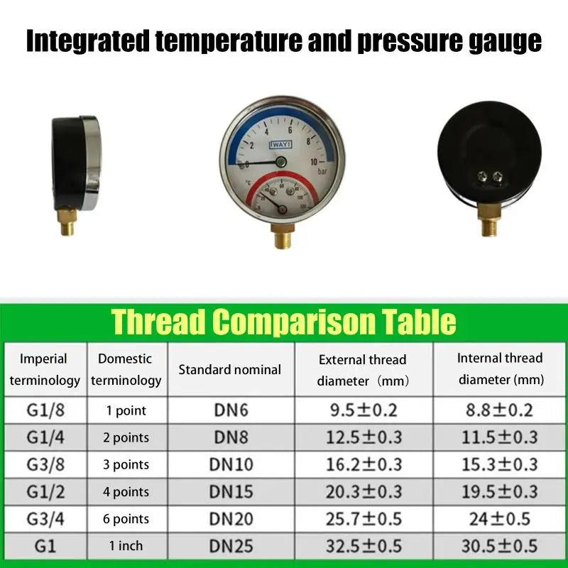 2-In-1 Pressure Gauge And 10 Bar Temperature And Pressure Gauge Temperature 0-120°C Temperature And Pressure Meter Qme