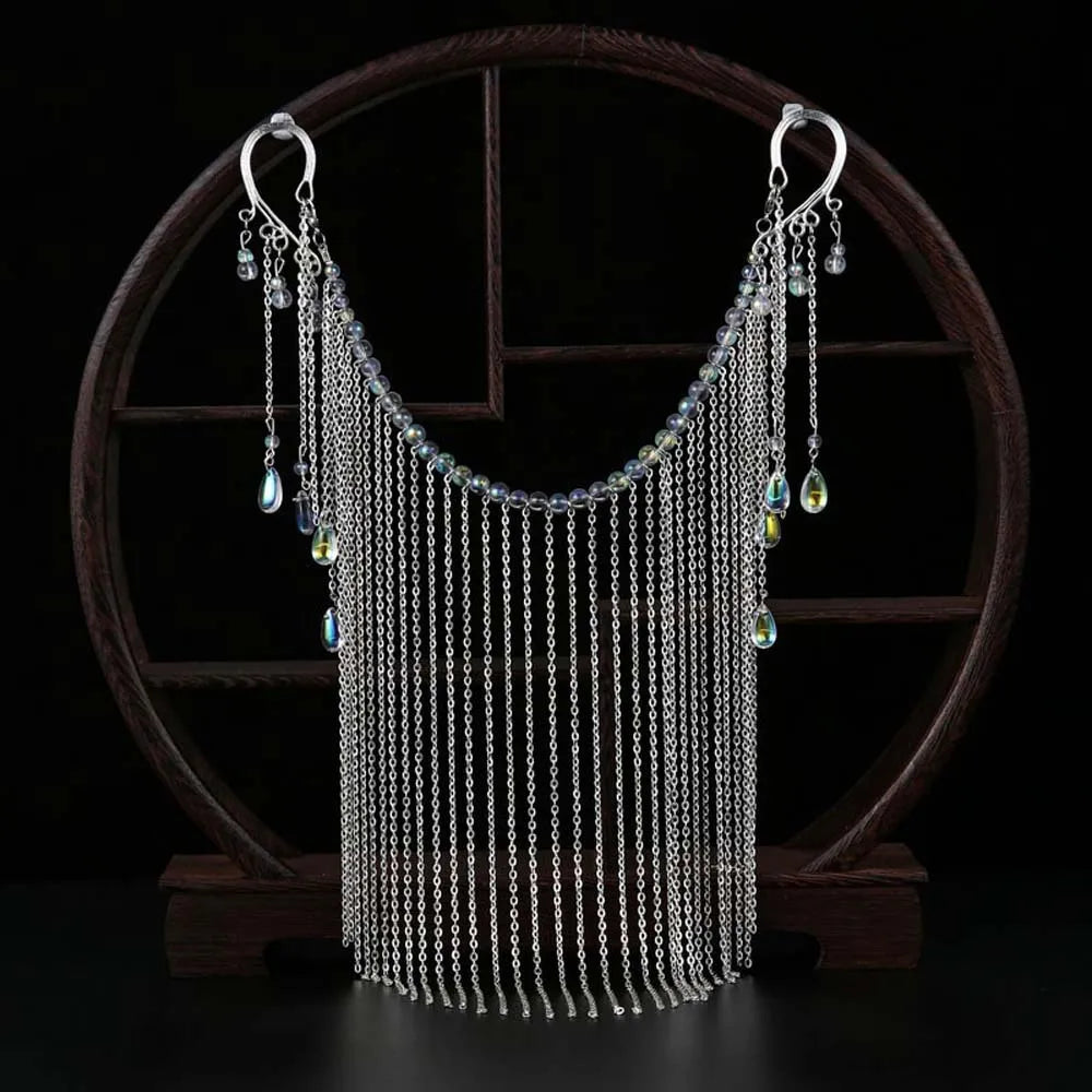 Temperament Women Ancient Style Chain Alloy Hair Accessories Cover Face Jewelry Hanfu Headdress Tassel Veil Qme white