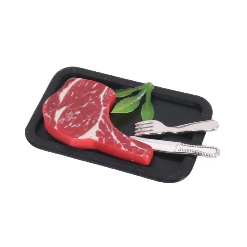 Simulated Steak Pasta Plate Knife Fork Model Dollhouse Kitchen Food Qme