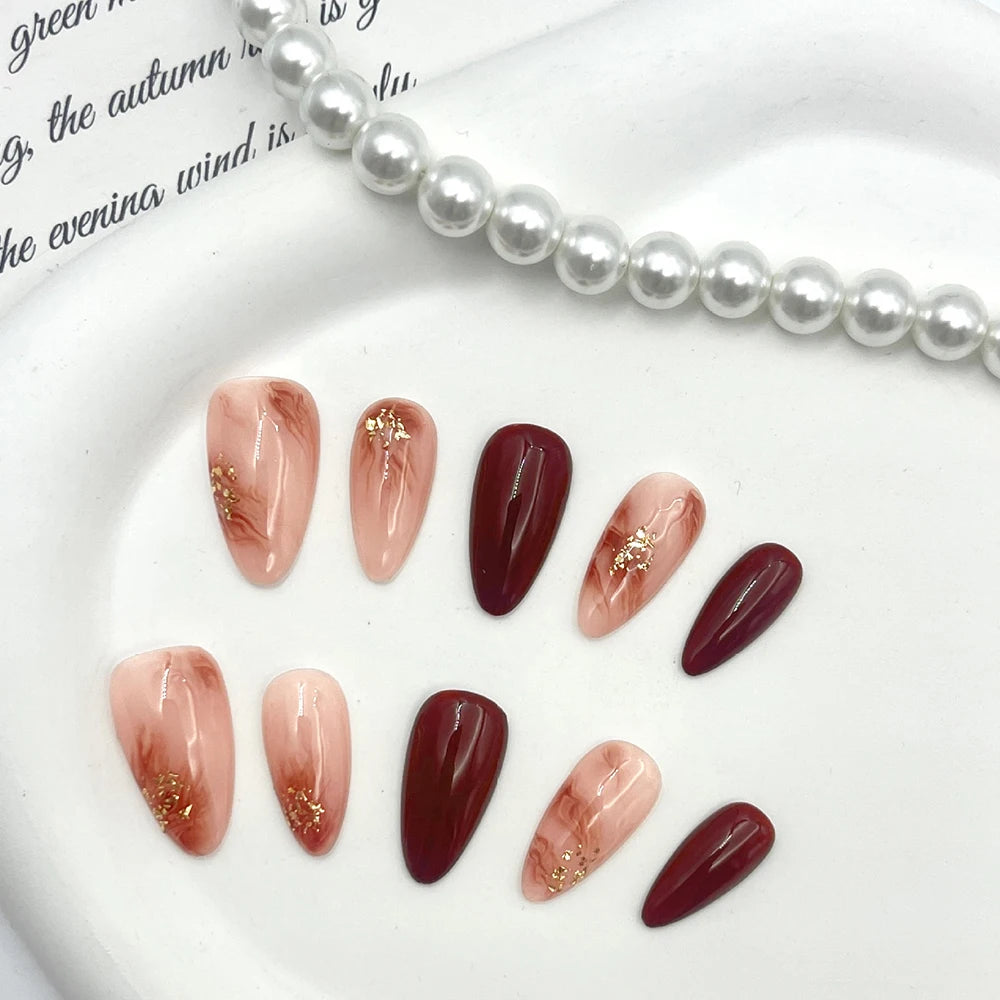 Caramel Colored Amber Gold Foil Handmade Short Fake Nails Press Full Qme
