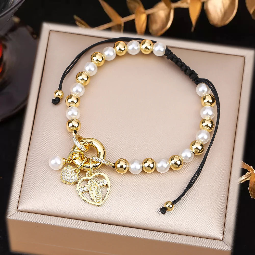 New Design Pearl Copper Braided Virgin Mary Zirconia Black Rope Bracelet Fashion For Woman Daily Party Jewelry Religious Gift Qme F