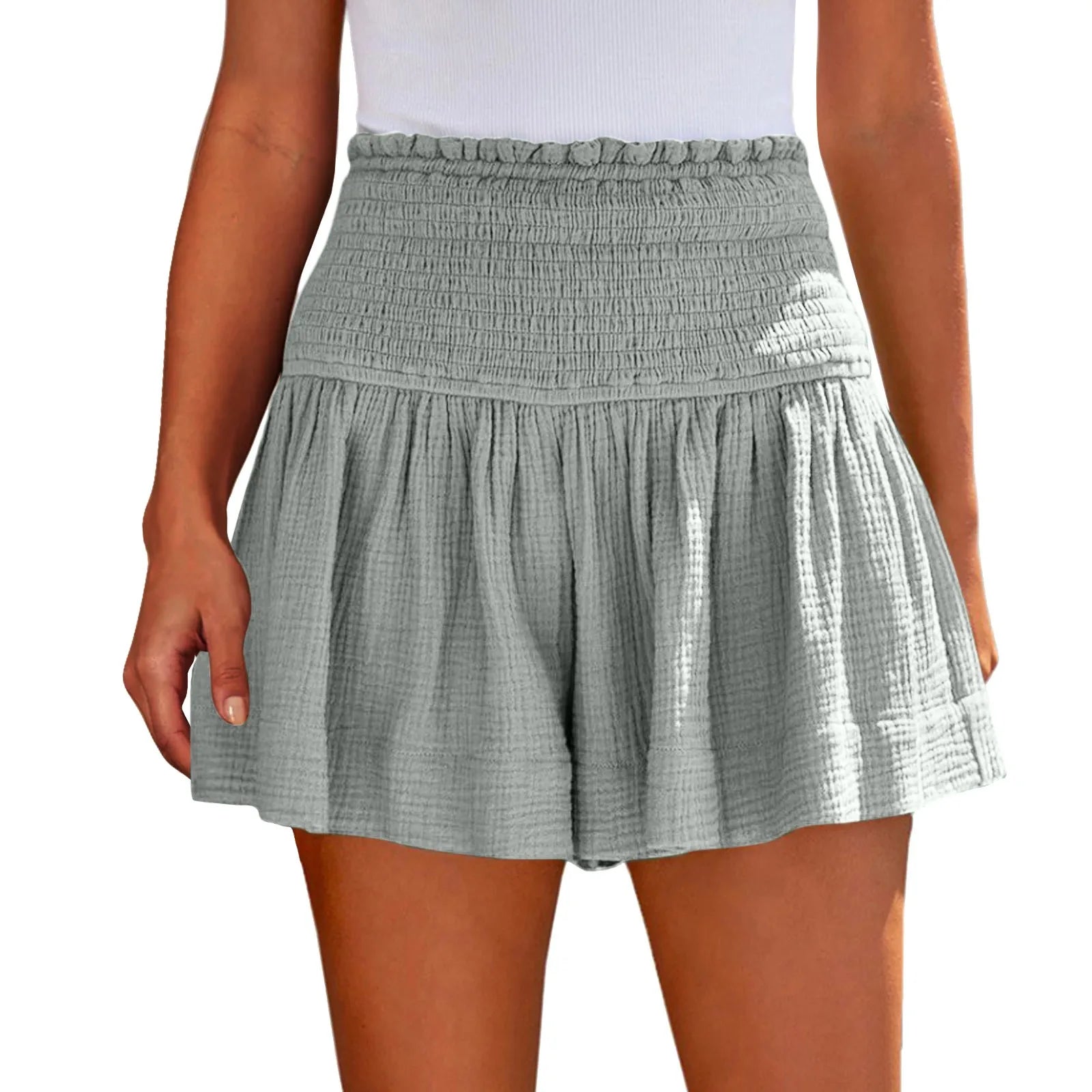 Ladies’ Large Sized High Waist Casual Soft Solid Color Breathable Fashion Wide Leg Shorts Summer Elastic Waist Pleated Trousers Qme Gray XXL