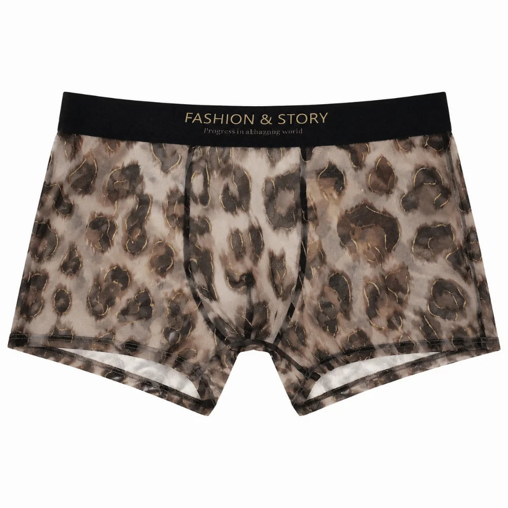 Cool Leopard Print Men's Ice Silk Boxer Underwear Ultra Thin Mesh Qme Grey L