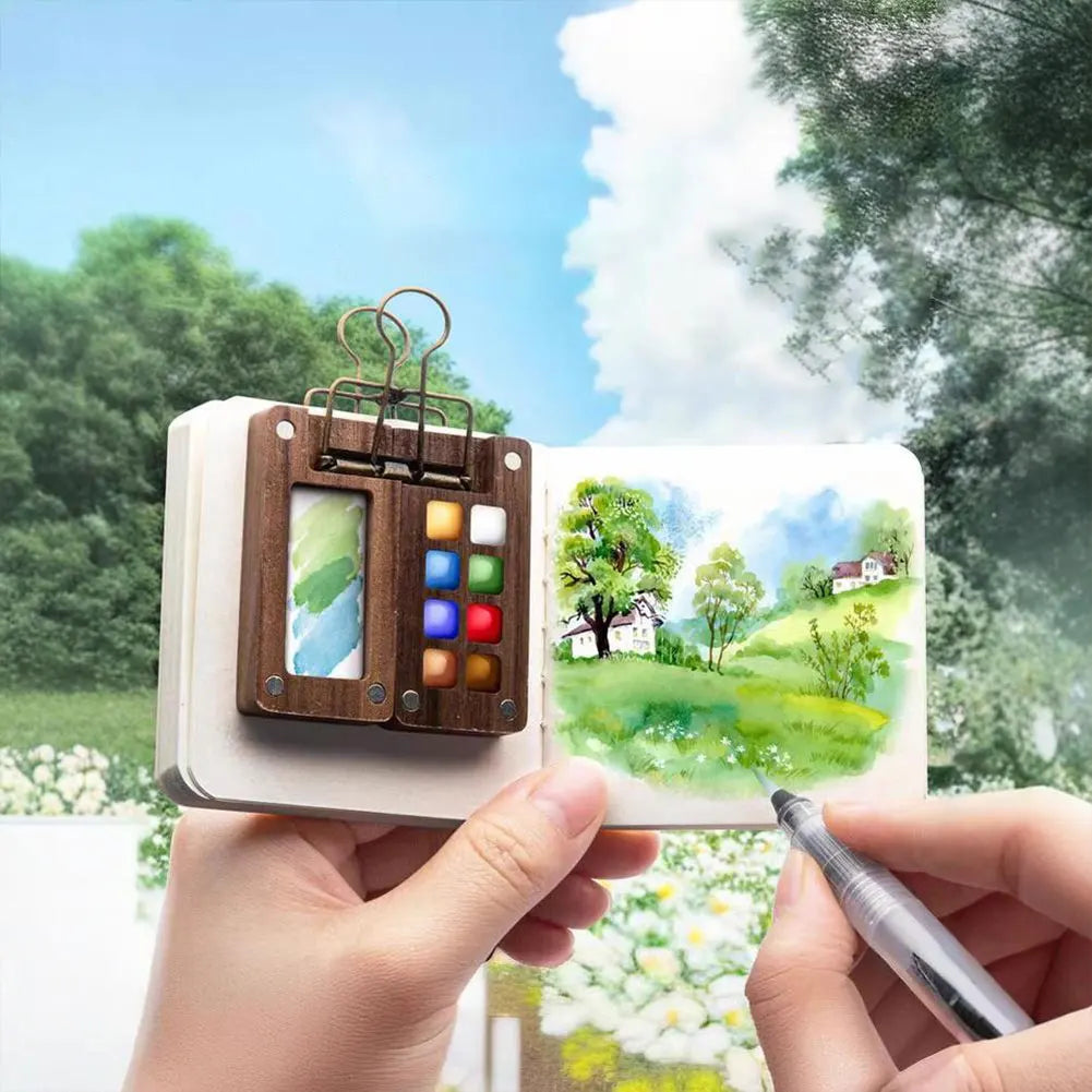 Travel Paint Palette Mini Watercolor Palette Set with Clip Portable Watercolor Set Wooden Grid Paint Box for Watercolor Painting Qme