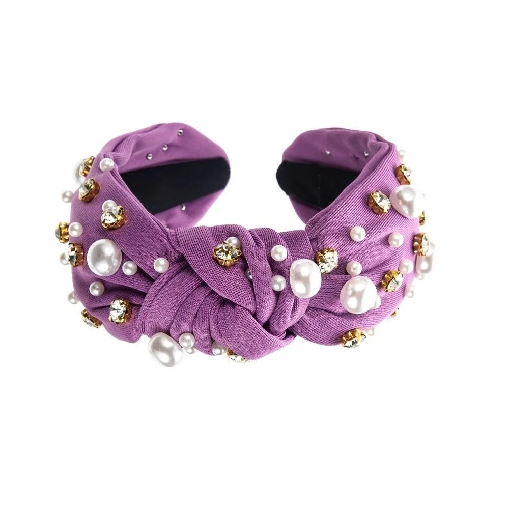 Solid Color Rhinestone Pearl Hairband Wide Edge Nail Pearl Head Hoop Hair Ornament Knot Style Baroque Headband Hair Accessories Qme Purple