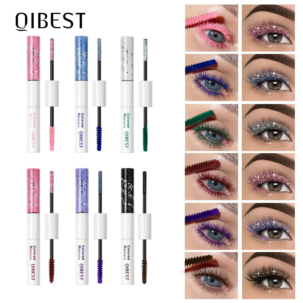 QIBEST 2 In 1 Diamond Glitter Mascara Lasting Colored Mascara Eyelashes Thickening Voluminous Double Ended Waterproof Mascara Qme