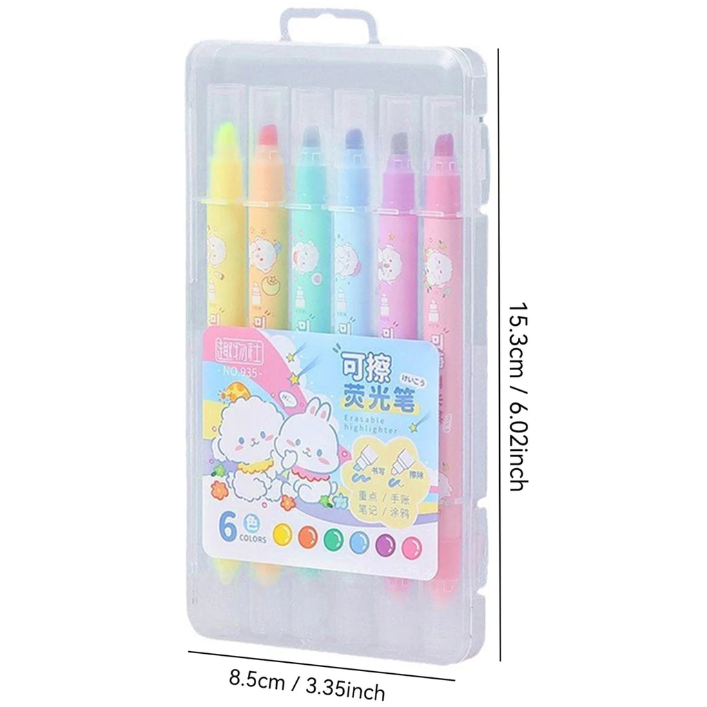 6Color/Set Double-ended Erasable Highlighter Kawaii Stationery Creative Graffiti Pen School Supplies Student Marker Highlighter Qme