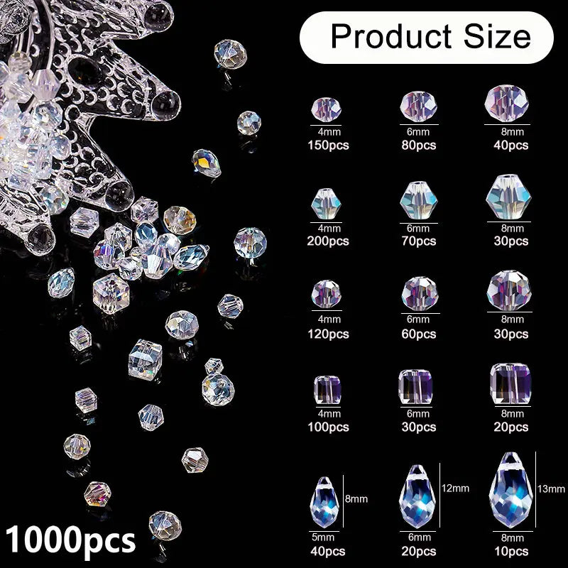 1000PCS Assorted Crystal Beads Kit Jewelry Beads Bulk with Container Box for DIY Necklace Bracelet Earring(4/6/8mm, AB Color) Qme