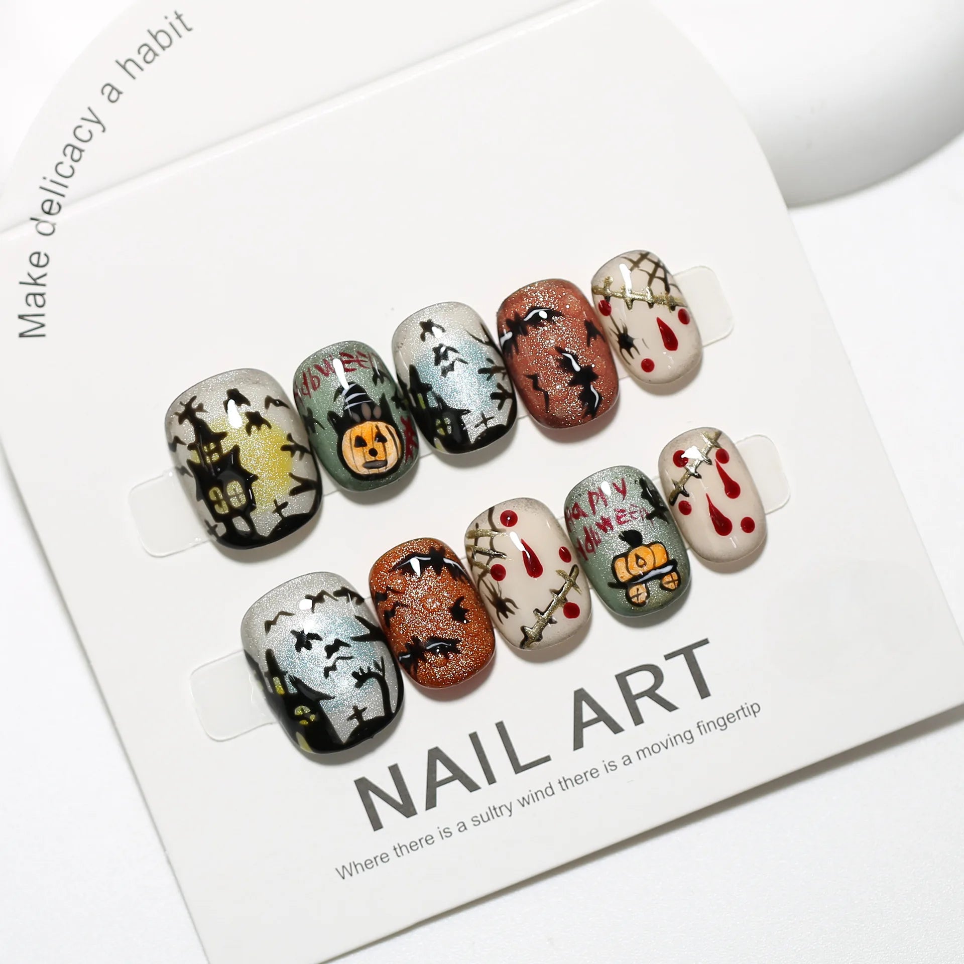 Short Square Halloween Ghost Bat Cobweb Press Nails Cute Crystal Cat Qme GJ-CDJ-2373-M