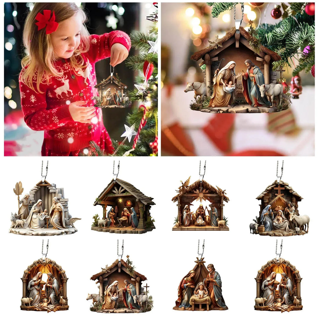 Christmas Tree Jesus Pendant Ornament Family Prayer Scene Pendant Bright Colored Car Decoration Pendant Home Decorations Qme