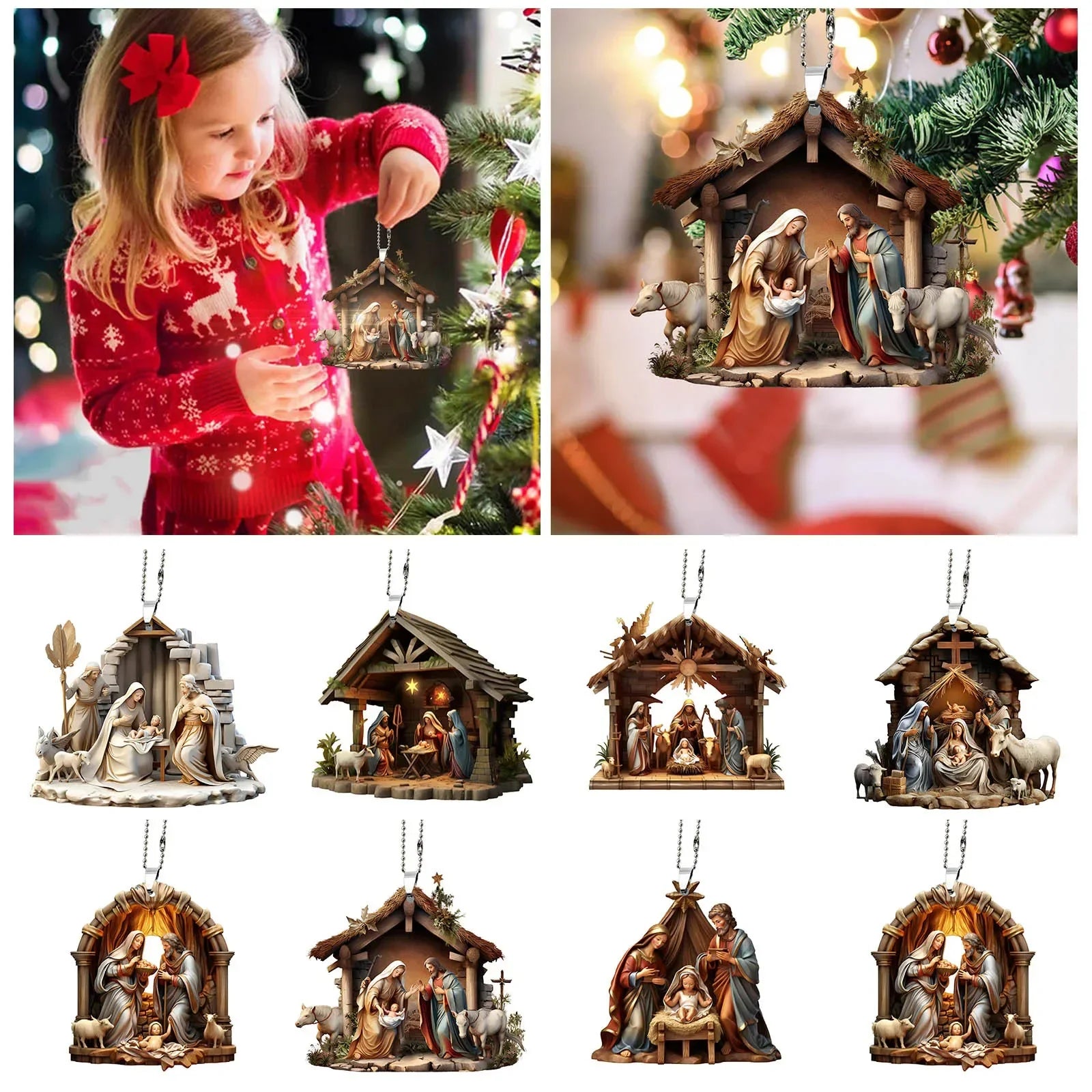 Christmas Tree Jesus Pendant Ornament Family Prayer Scene Pendant Bright Colored Car Decoration Pendant Home Decorations Qme