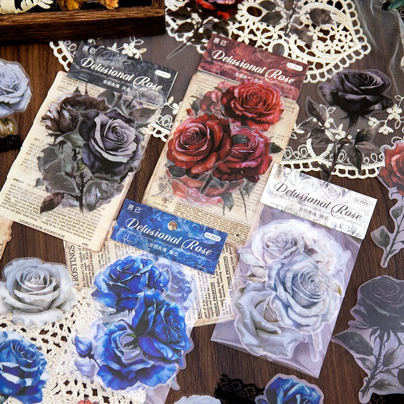 10 pcs/pack Large size rose Stickers Decorative Stick Labels Diary Album Scrapbooking material DIY junk journal supplies Qme