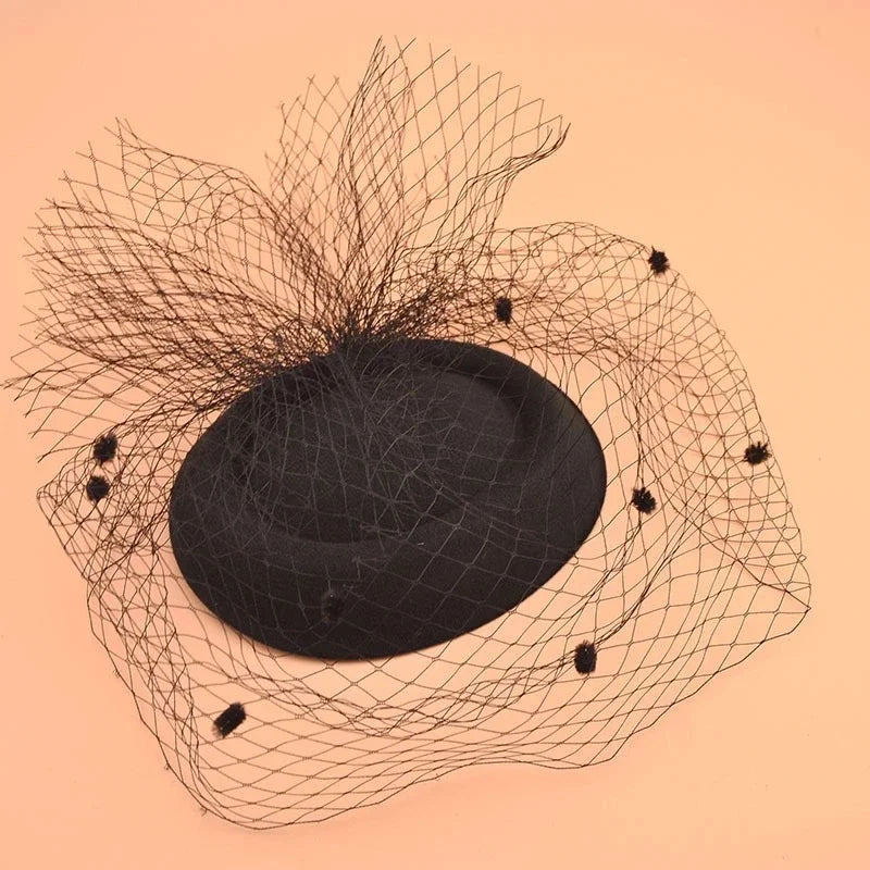 Black Veil Small Hat Hair Accessories Retro Woolen Material Dinner Qme