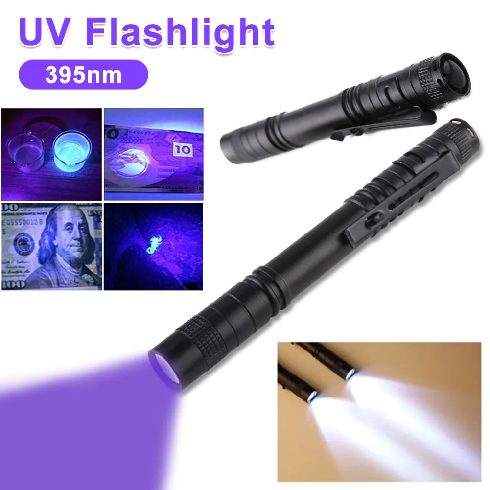 LED UV Flashlight Ultraviolet Torch Mini UV Light Pet Urine Stains Detector Fluorescent Anti-counterfeiting Bill Seal Detector Qme