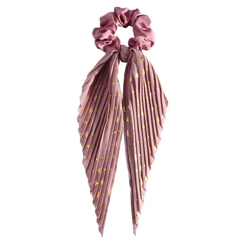 Handmade Pleated Hair Scrunchie with Long Ribbon,Elastic Hair Tie for Girls,Retro Ponytail Hair Rope Fashion Hair Accessories Qme PinkRed 3Pcs
