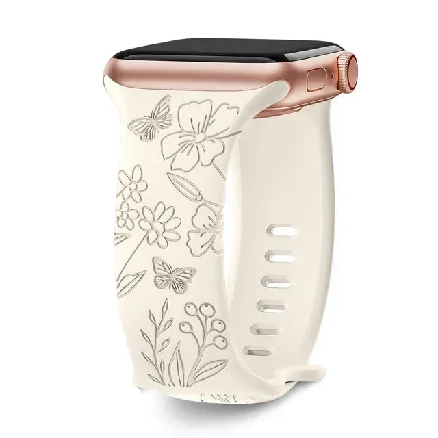 Floral Engraved Strap For Apple Watch Band 40mm 44mm 41mm 49mm 45mm 38mm 42mm silicone bracelet iwatch series 9 7 se 6 8 ultra 2 Qme Butterfly Star 42mm 44mm 45mm 49mm