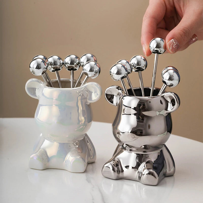 6Pcs Stainless Steel Dessert Forks With Storage Jar Cute Bear Utensils For Party Dessert Fruit Pickle Fruit Salad Tasting. Qme