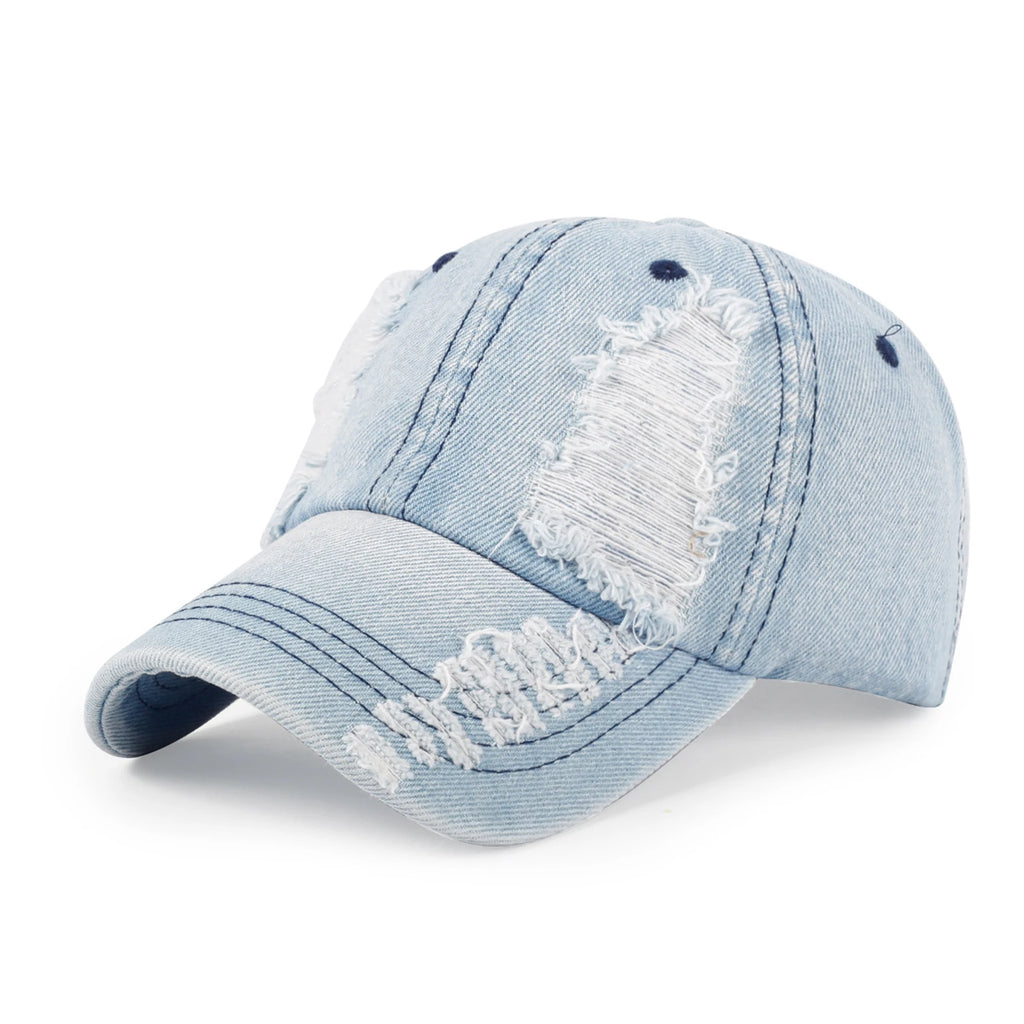 Chic Streetwear Baseball Cap Hole Breaking Vintage Visor Casual and Versatile Caps Fashionable Hats for Men and Women Qme Light Blue One Size