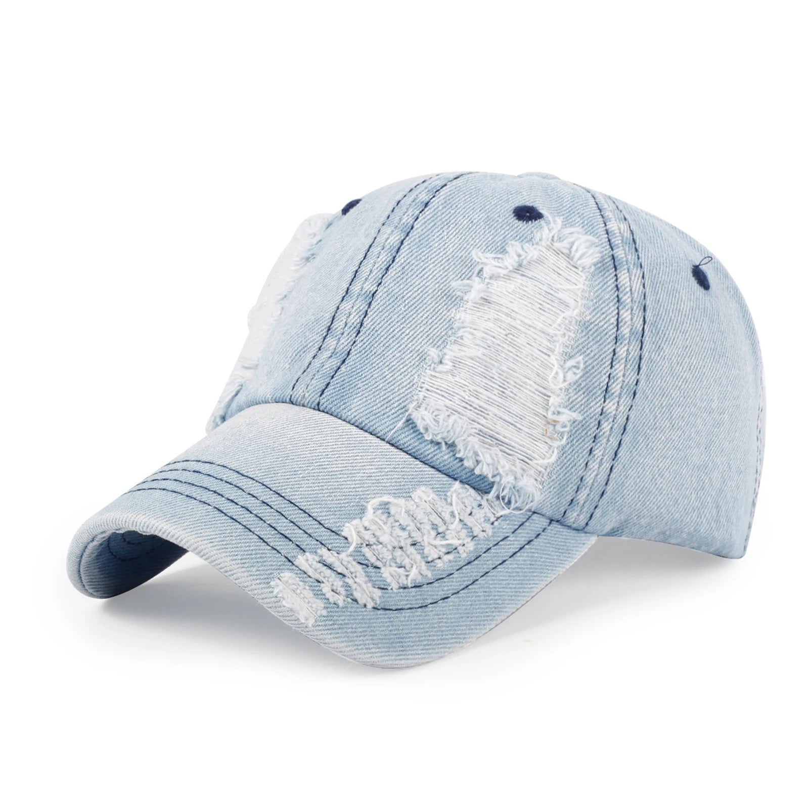 Chic Streetwear Baseball Cap Hole Breaking Vintage Visor Casual and Versatile Caps Fashionable Hats for Men and Women Qme Light Blue One Size