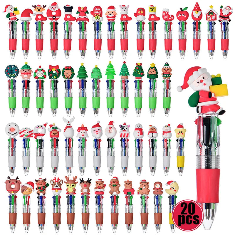 Cute Cartoon Plastic Multicolor Christmas Ballpoint Pens Creativity Silicone Snowman Elk Christmas Four-color Ballpoint Pen Qme