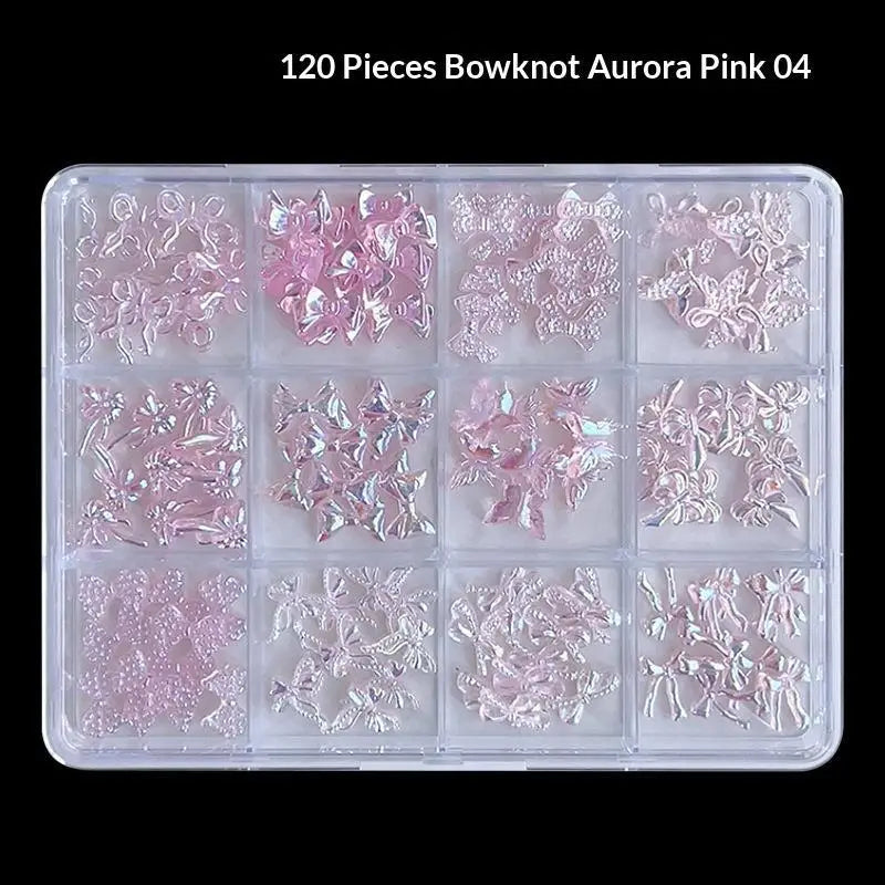 120 Iridescent Aurora Bow Nail Charms Clear Storage Box Perfect DIY Qme Pink