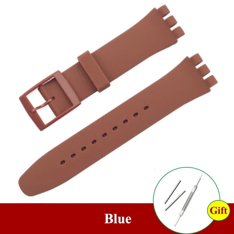 16mm 17mm 19mm 20mm Soft Silicone Bracelet Colorful Watchband for Swatch Watch Strap Replacement Watches Accessories with Tool Qme Brown 19mm