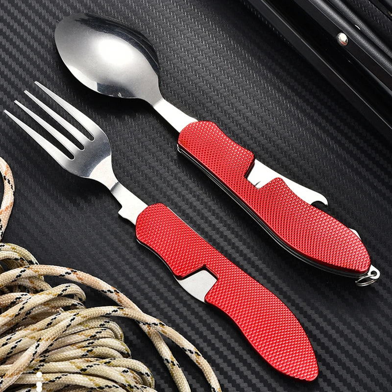1 Tableware Foldable Stainless Steel Fork Spoon Knife Bottle Opener Qme
