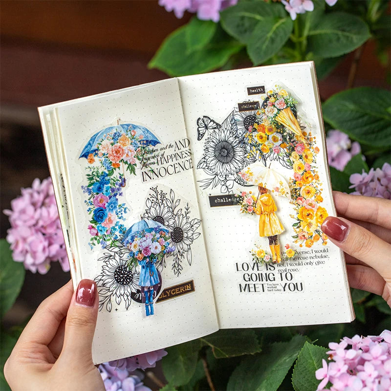 15 Sheets/bag Umbrella Floral PET Stickers for Scrapbooking DIY Journal Planner Collage Art Phone Case Notebook Decoration Qme
