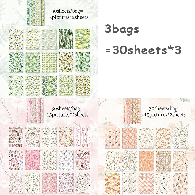 3 Bags Fresh Floral Material Paper, Gift Wrapping Decor Paper, Compatible with Various Journal Styles, Versatile High-Value Qme B