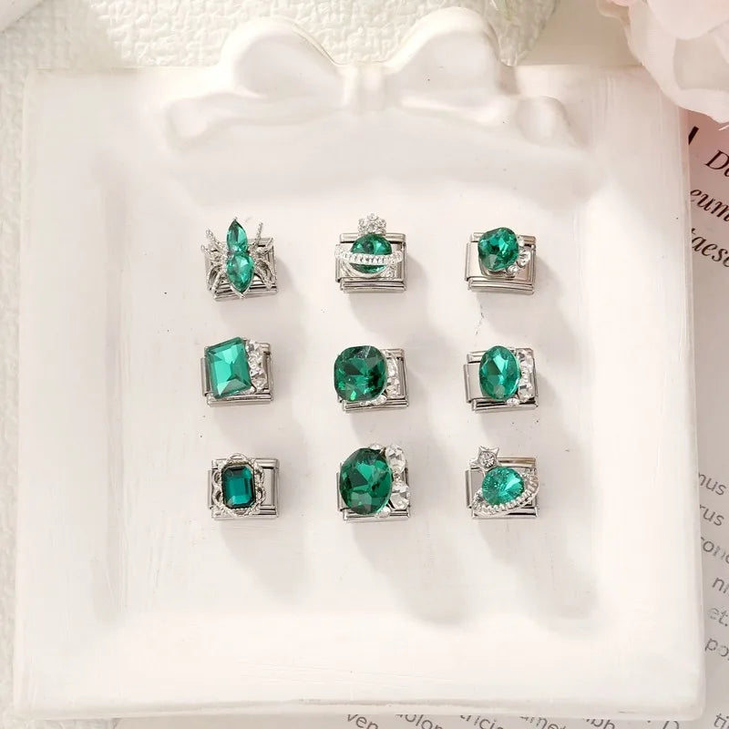 Trendy Green Emerald Inlay Zircon Shiny Italian Charm Link Fit 9mm Stainless Steel Bracelet DIY Making Men Women Jewelry Gifts Qme