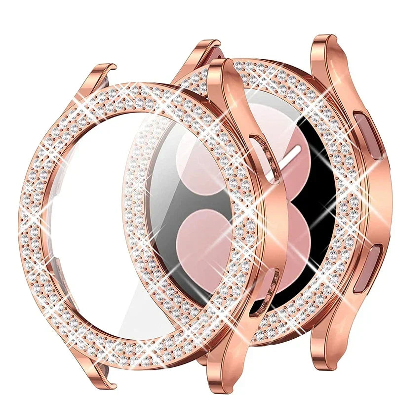 Bling Diamond Case for Samsung Galaxy Watch 7 6 5 4 PC Protective Case 40mm 44mm Screen Protector bumper Transparent Cover Qme Rose gold For Galaxy Watch6 40