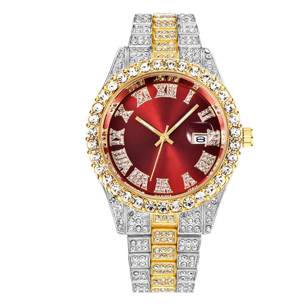 Men's Steel Band Quartz Watch Hip-Hop Business Steel Band Calendar Full Diamond Men's Watch Qme Mix Red