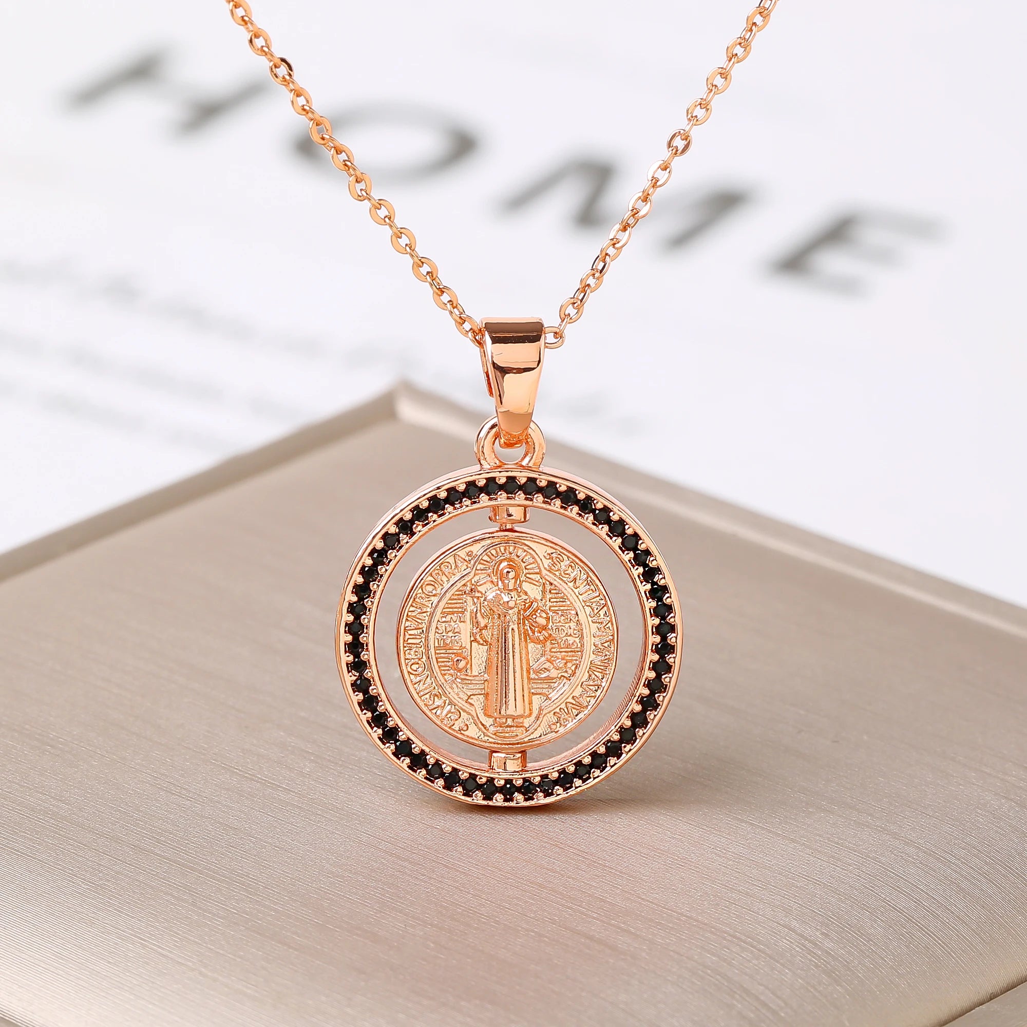 New Fashion Round Rotating St. Benedict Zirconia Pendant Necklace—Lucky for Women's Party Gold/Rose Gold Jewelry Amulet Gift Qme 5